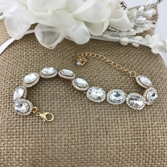 Crystal Oval Shape Gold Bridal Bracelet | Bellaire Wholesale