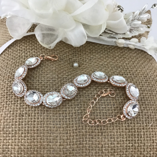 Crystal Oval Shape Rose Gold Bridal Bracelet | Bellaire Wholesale