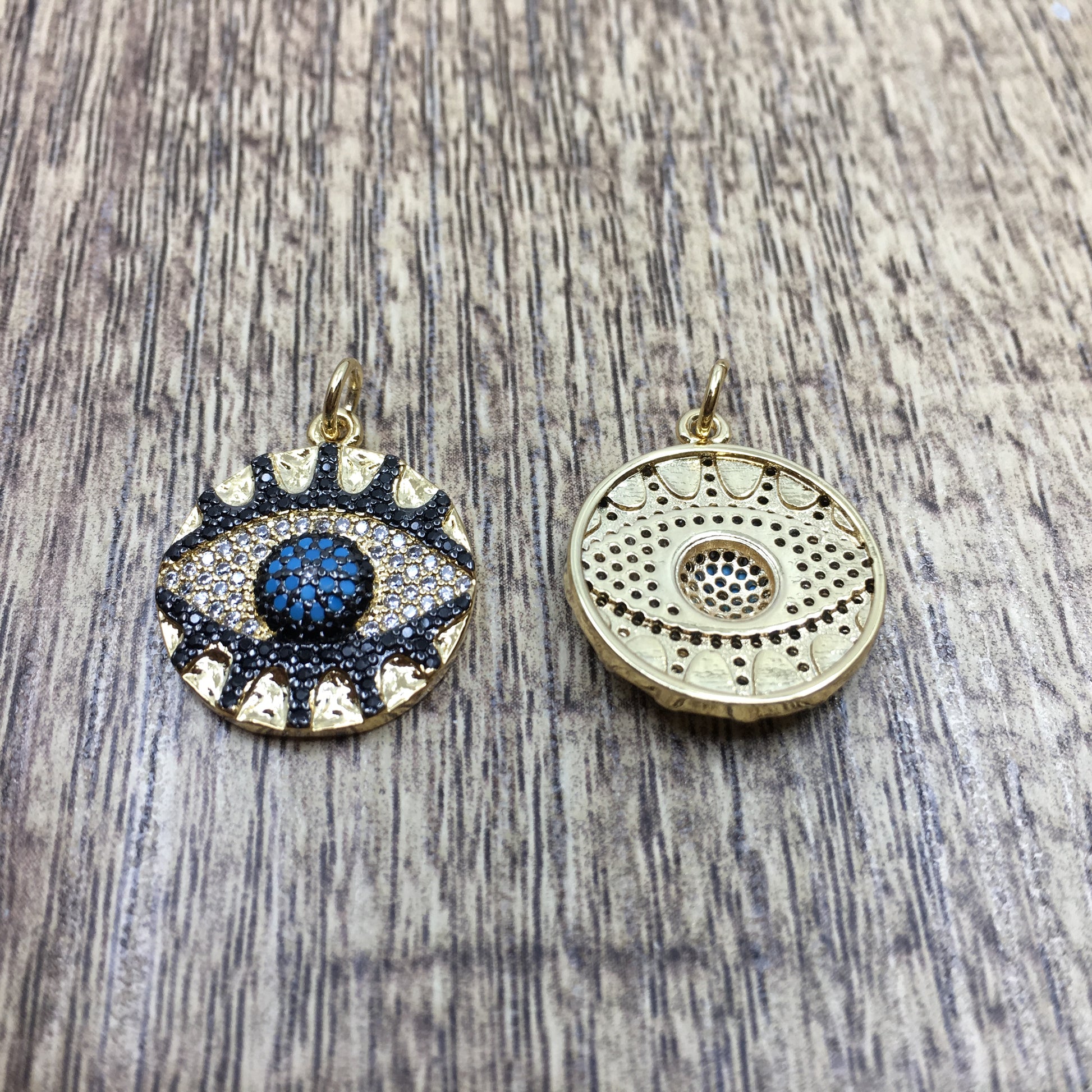 Round Black and Blue Evil Eye Gold Charm | Bellaire Wholesale