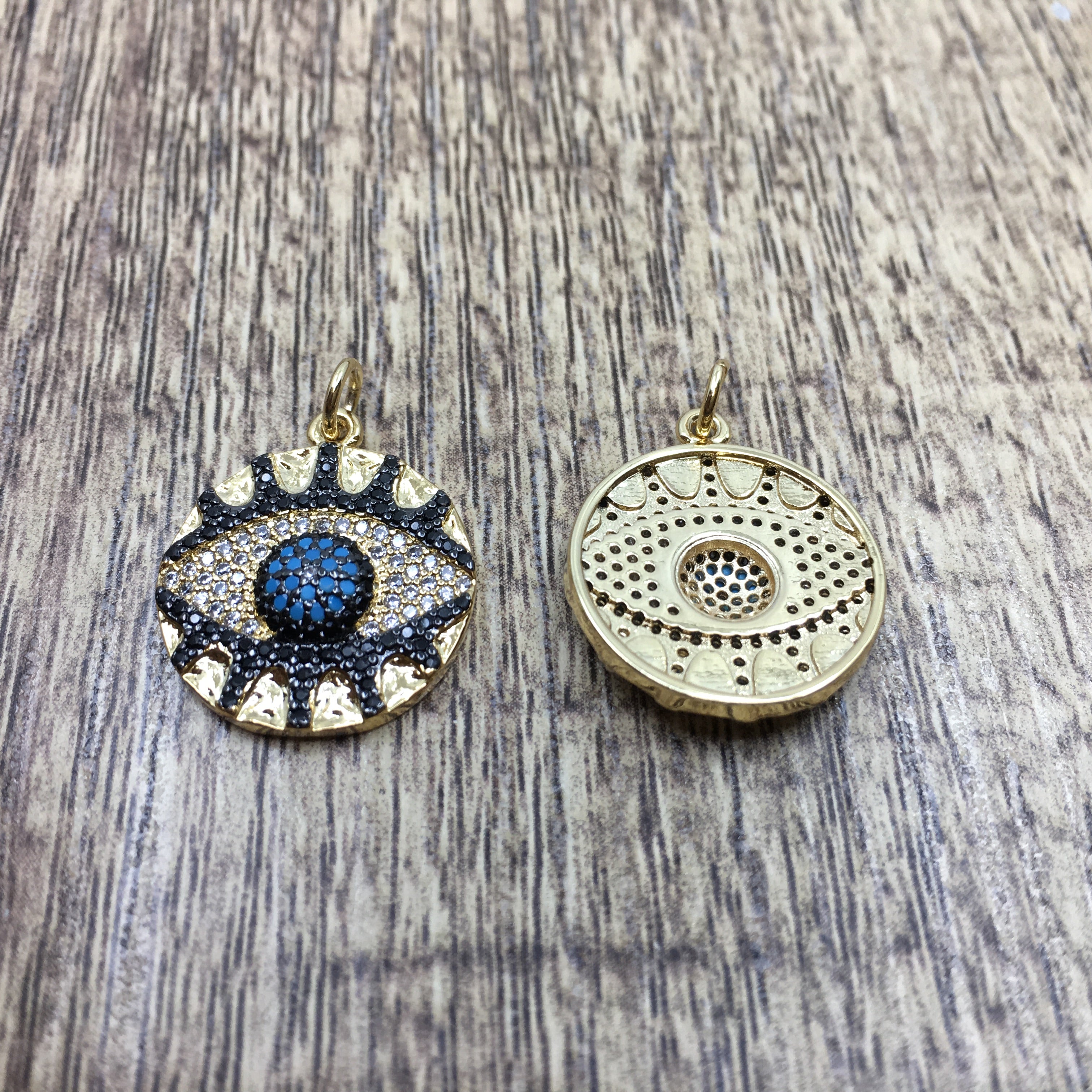 Round Black and Blue Evil Eye Gold Charm | Bellaire Wholesale