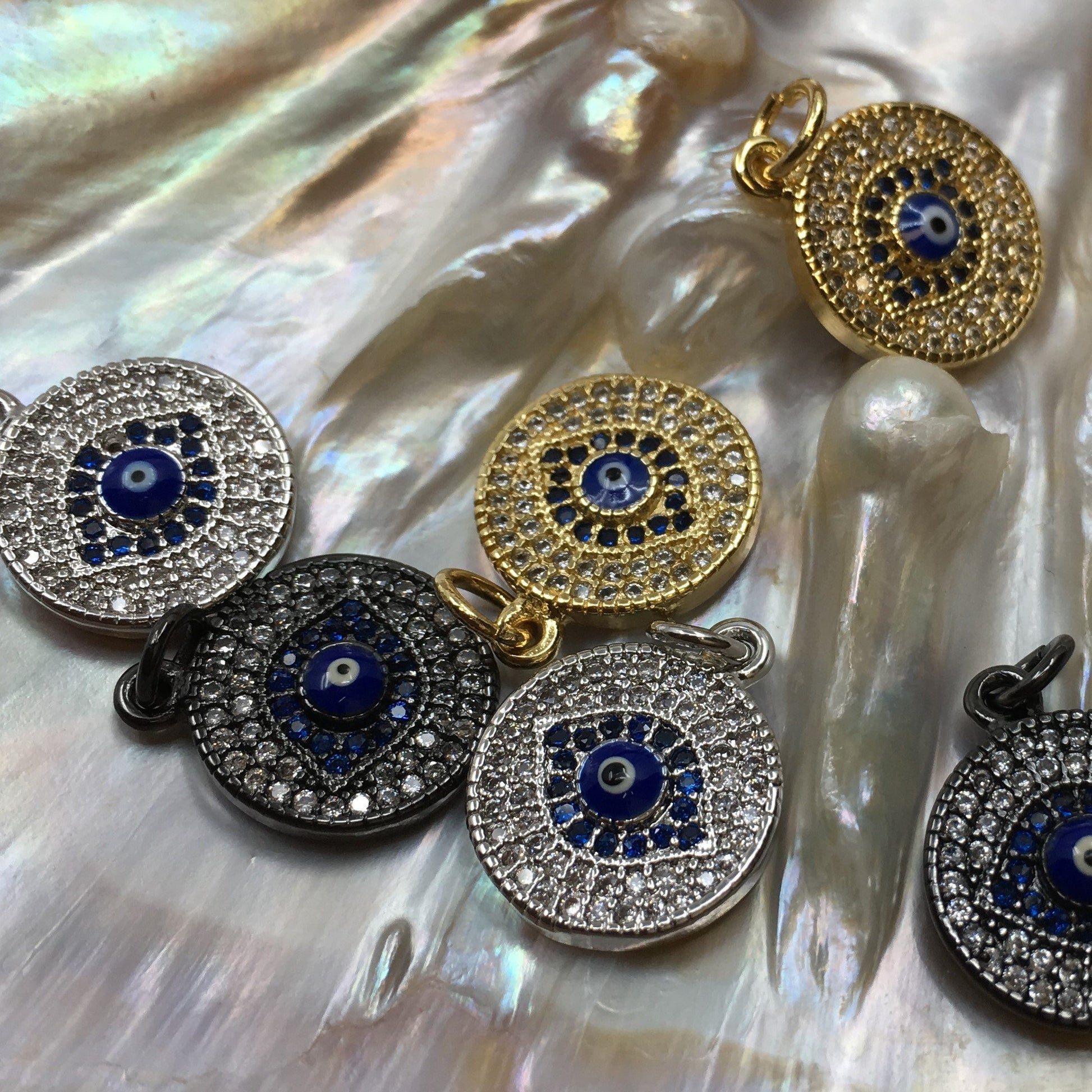 Brass Round Gold, Gun-metal and Silver Black Evil Eye Charm | Bellaire Wholesale