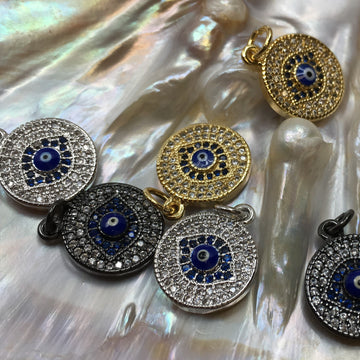 Brass Round Gold, Gun-metal and Silver Black Evil Eye Charm | Bellaire Wholesale