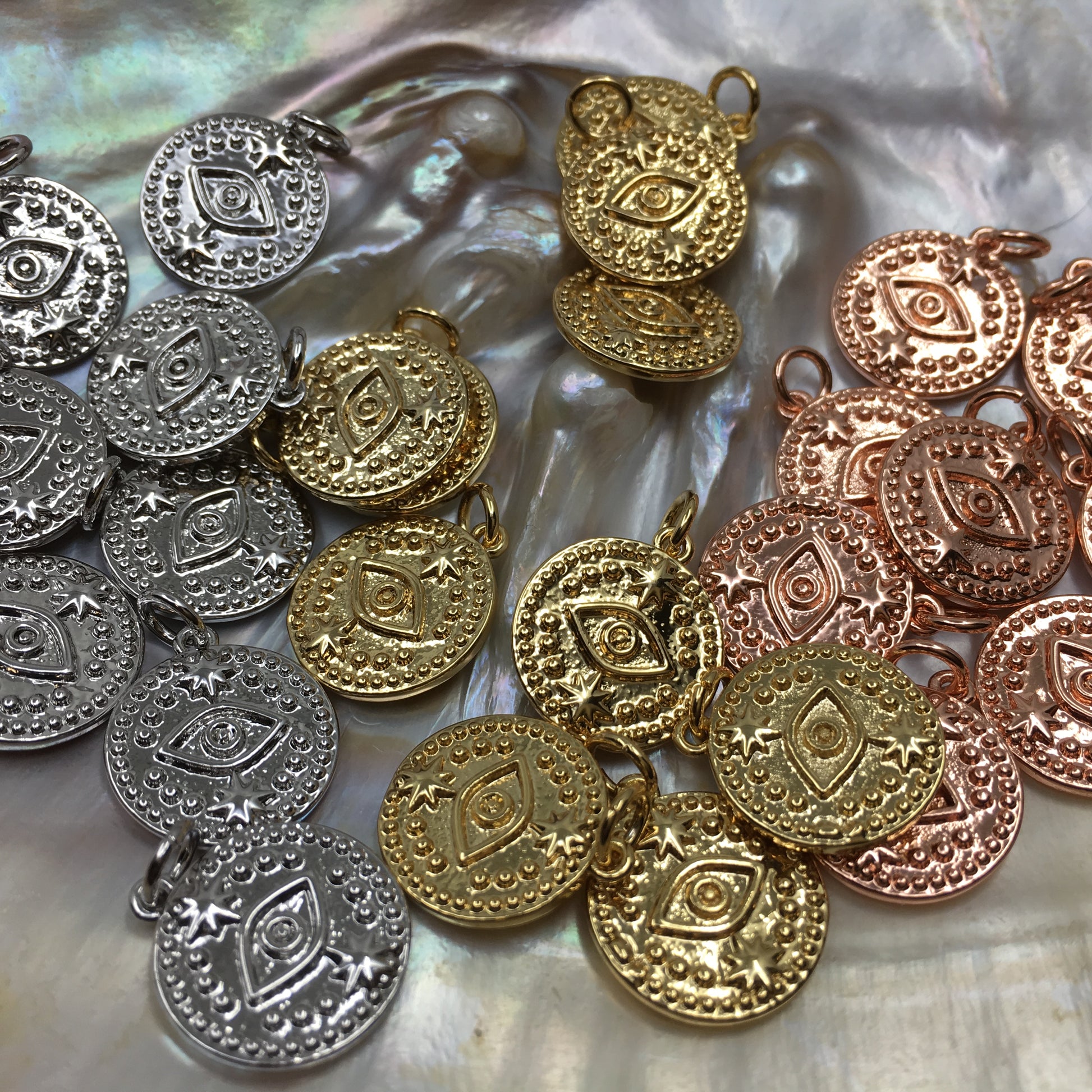Round Gold, Rose Gold and Rhodium Black Evil Eye Charm | Bellaire Wholesale