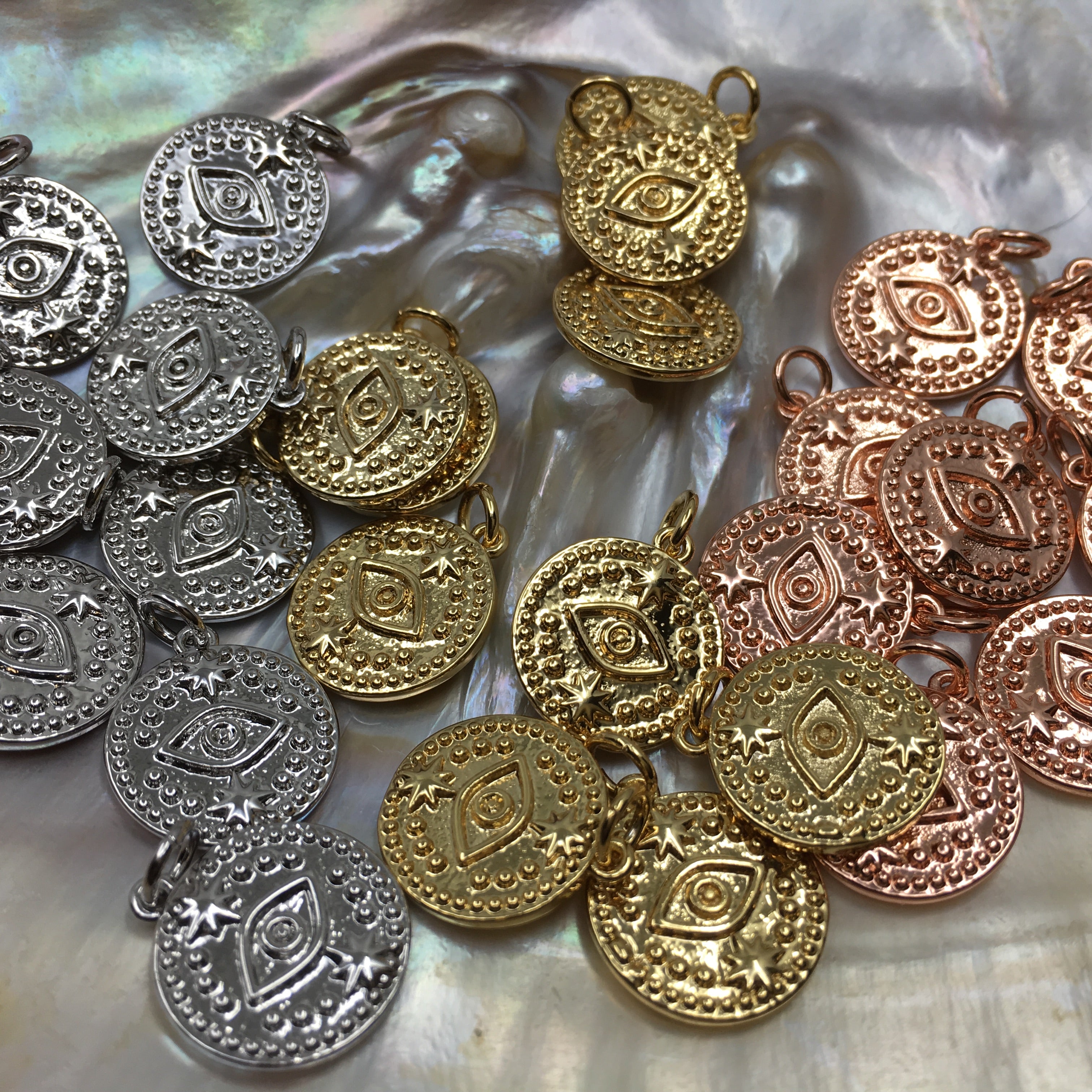 Round Gold, Rose Gold and Rhodium Black Evil Eye Charm | Bellaire Wholesale