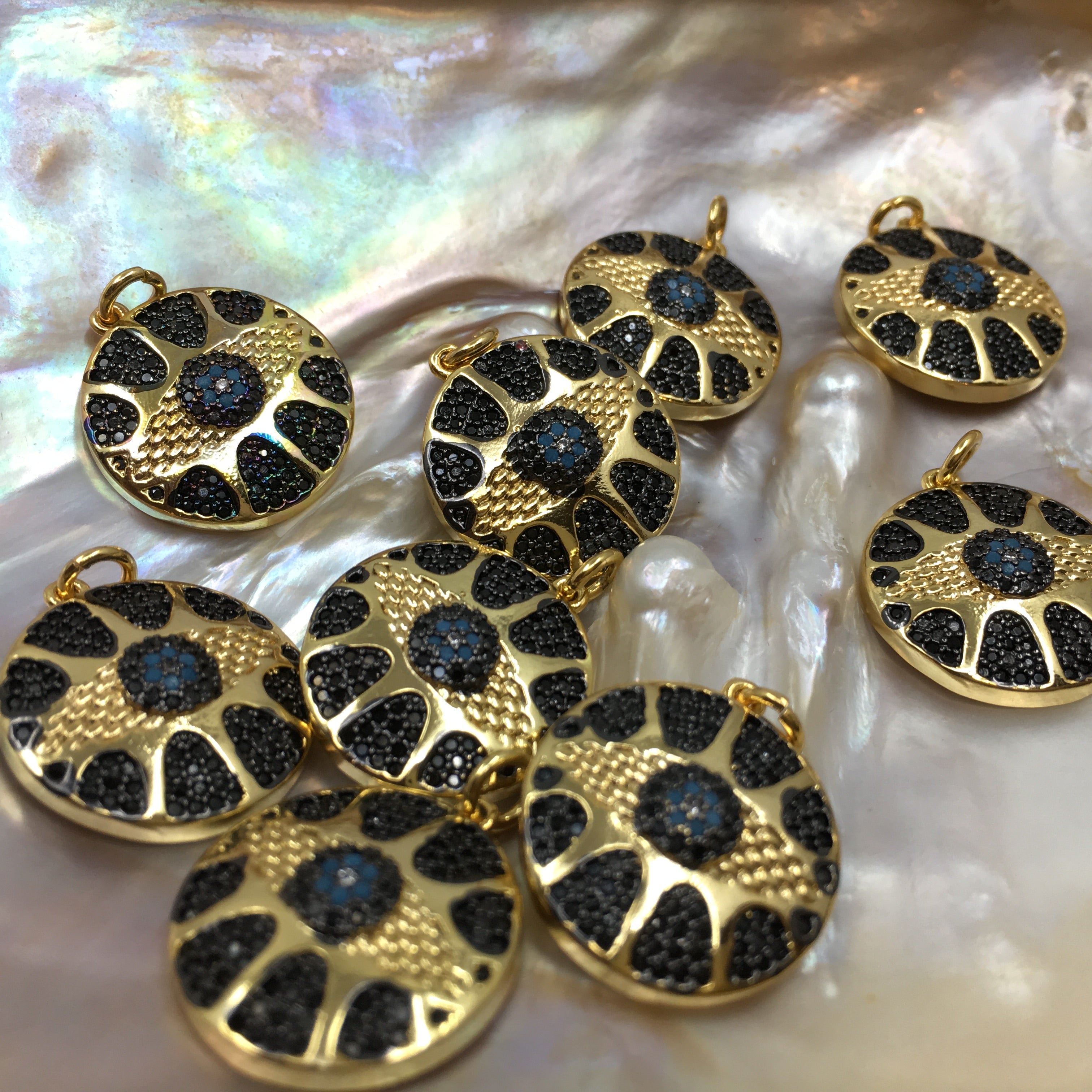 Round Black and Blue Evil Eye Gold Charm | Bellaire Wholesale