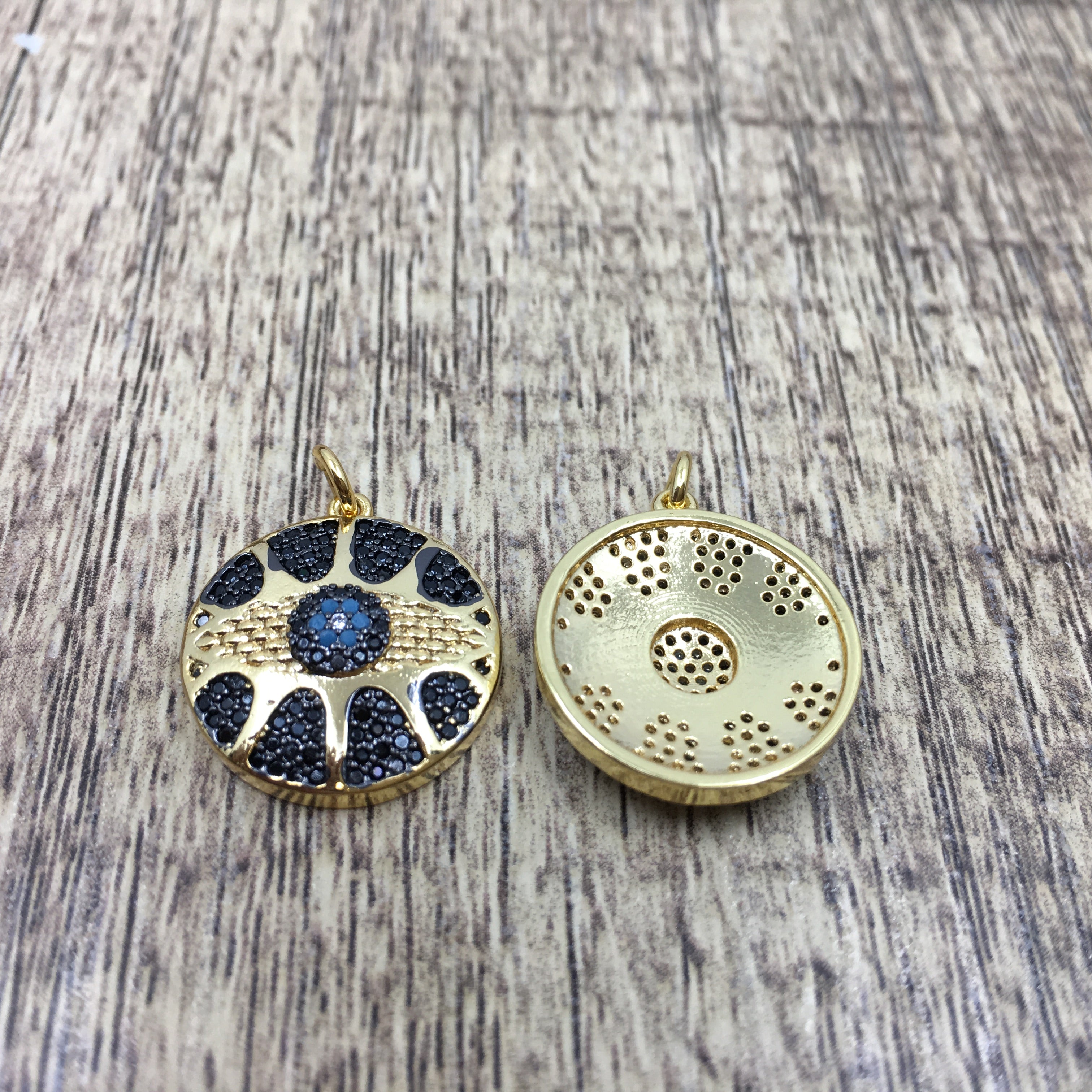 Round Black and Blue Evil Eye Gold Charm | Bellaire Wholesale