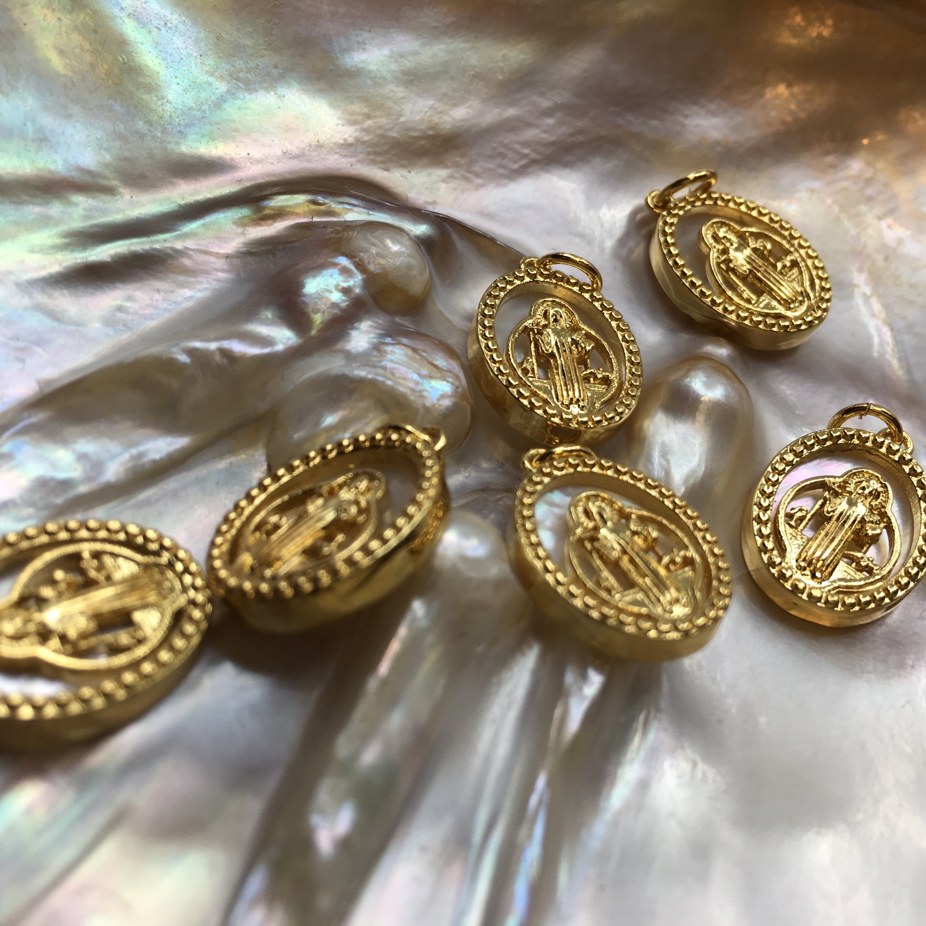Saint Benedict Oval Gold on Pearl Charm | Bellaire Wholesale