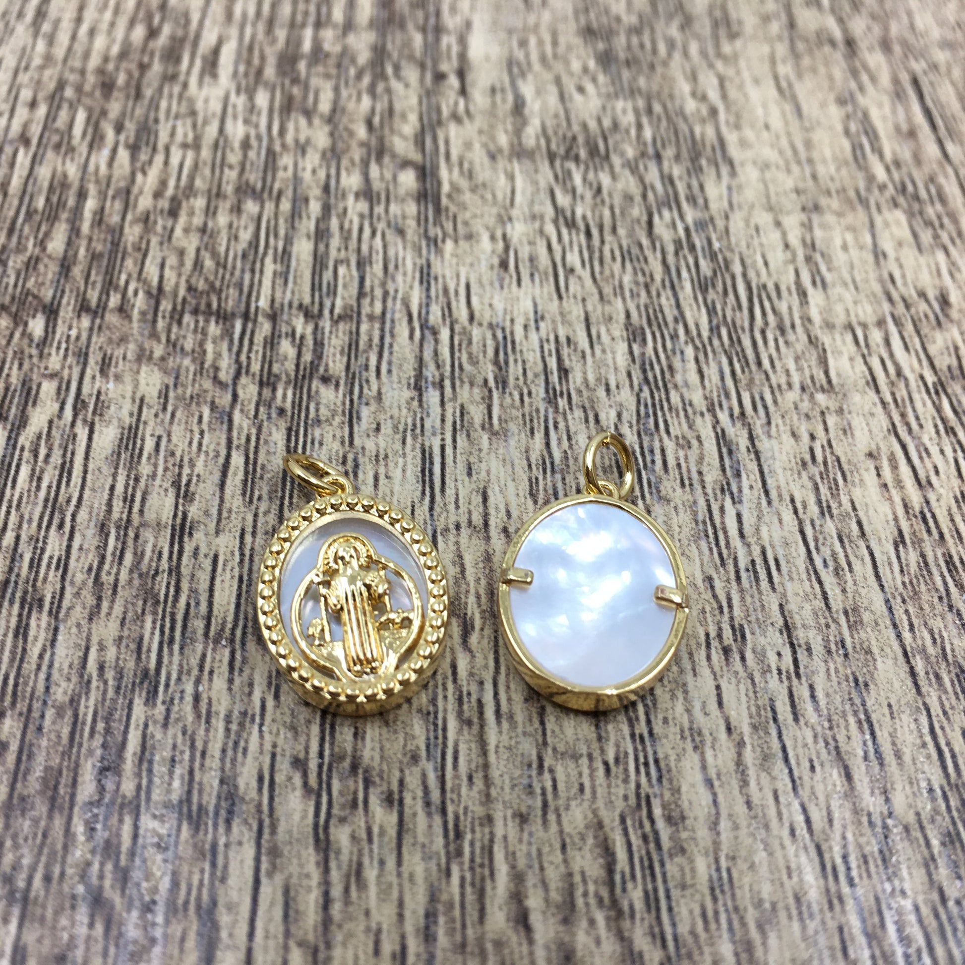 Saint Benedict Oval Gold on Pearl Charm | Bellaire Wholesale
