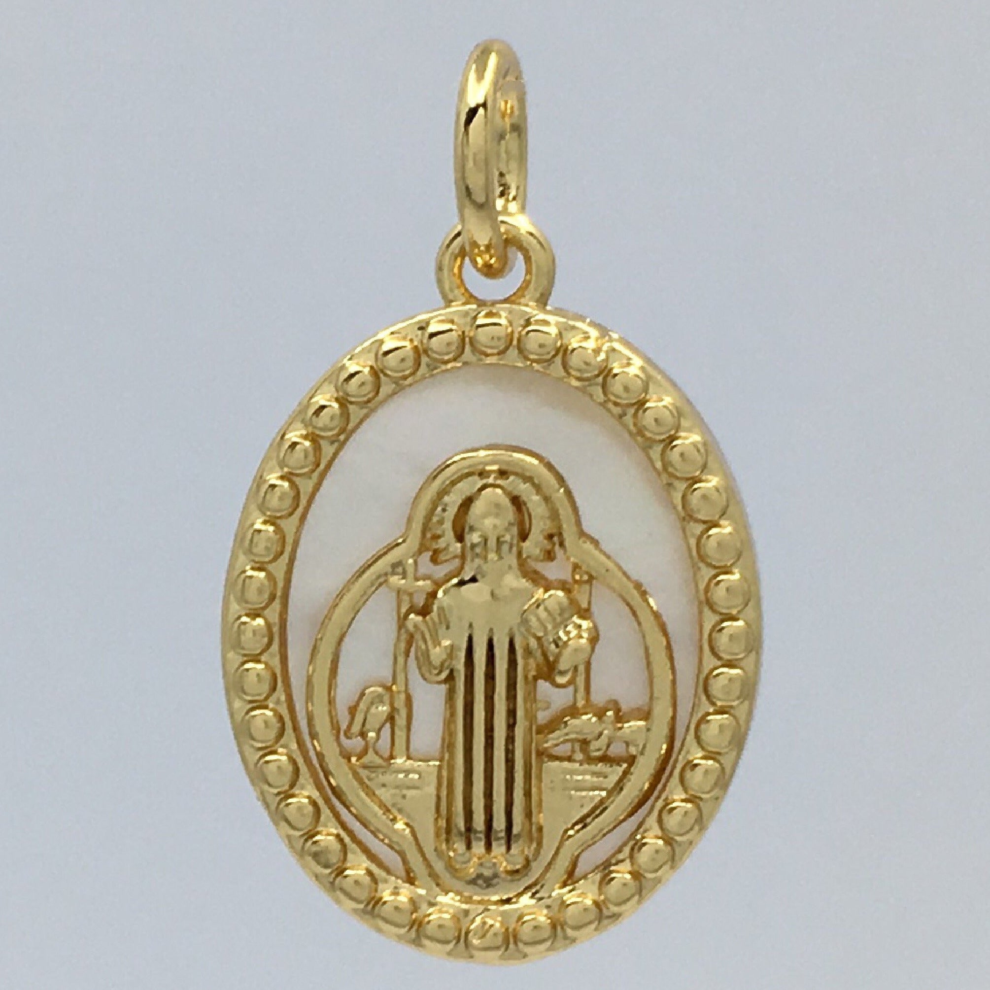 Saint Benedict Oval Gold on Pearl Charm | Bellaire Wholesale