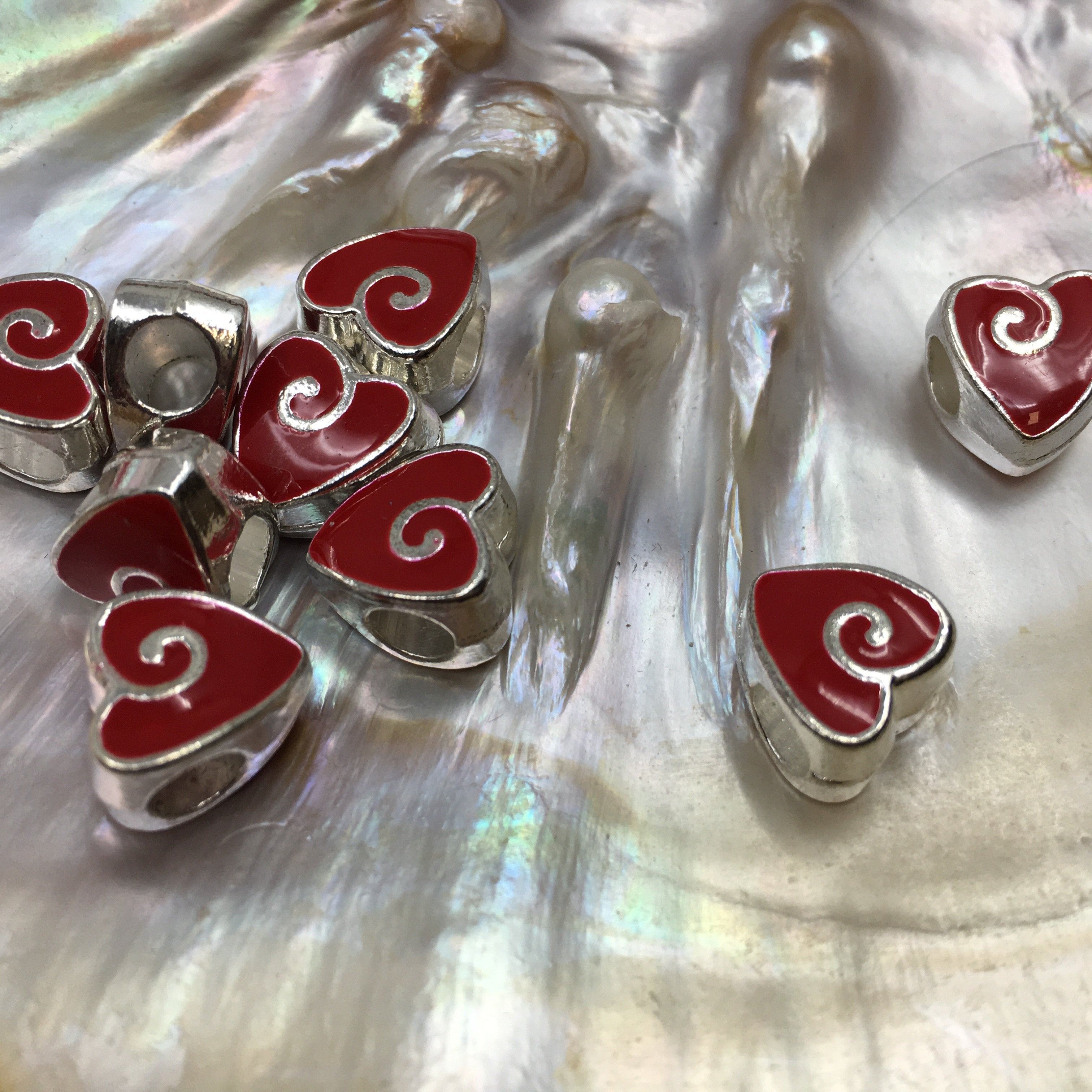 Red Alloy Heart Bead 10Pc