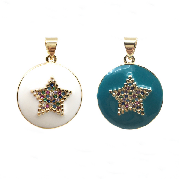 Round Sun / Star Turquoise and White Gold Brass Charm, Star Charm