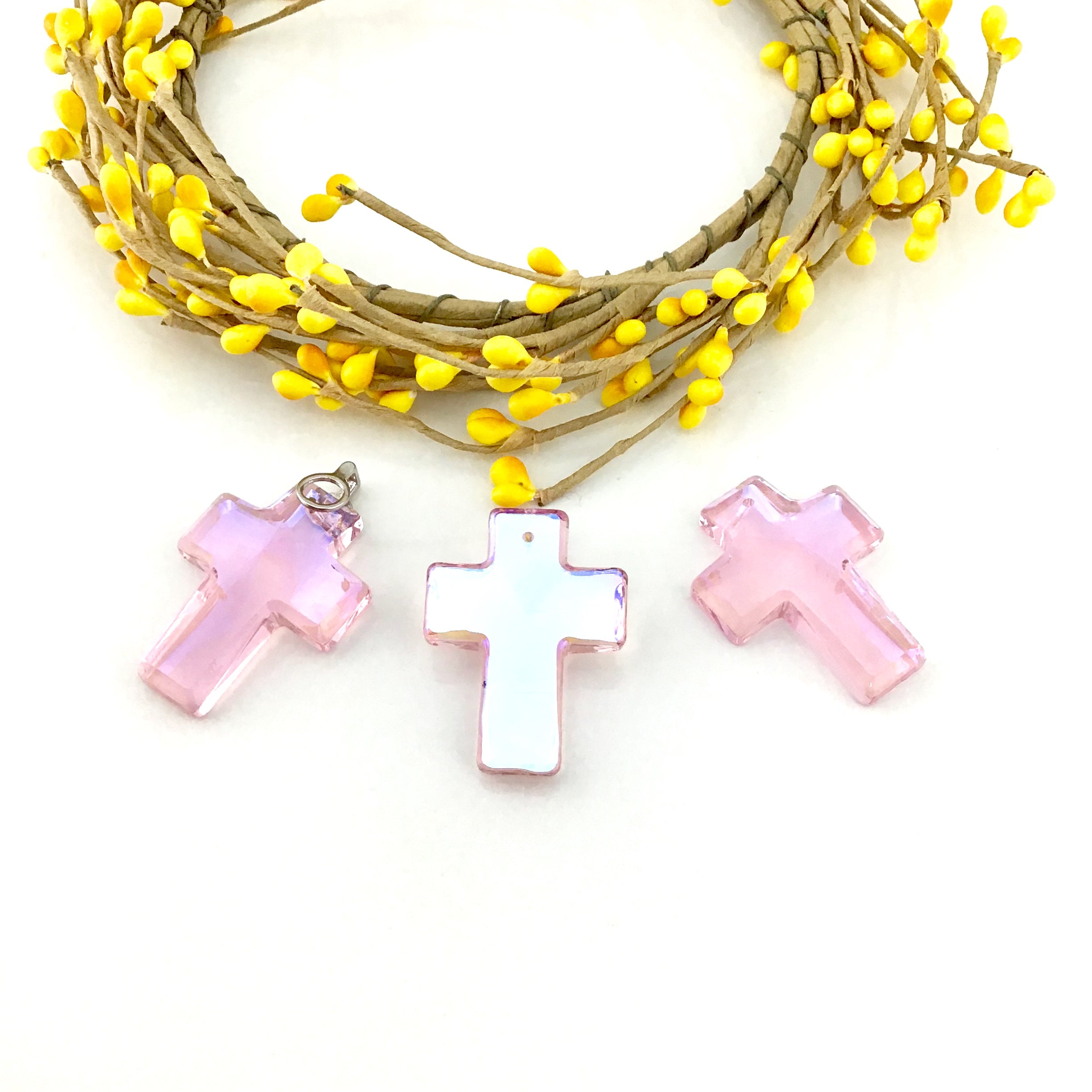 2 Glass Cross Pendant, Rosaline Pink | Bellaire Wholesale