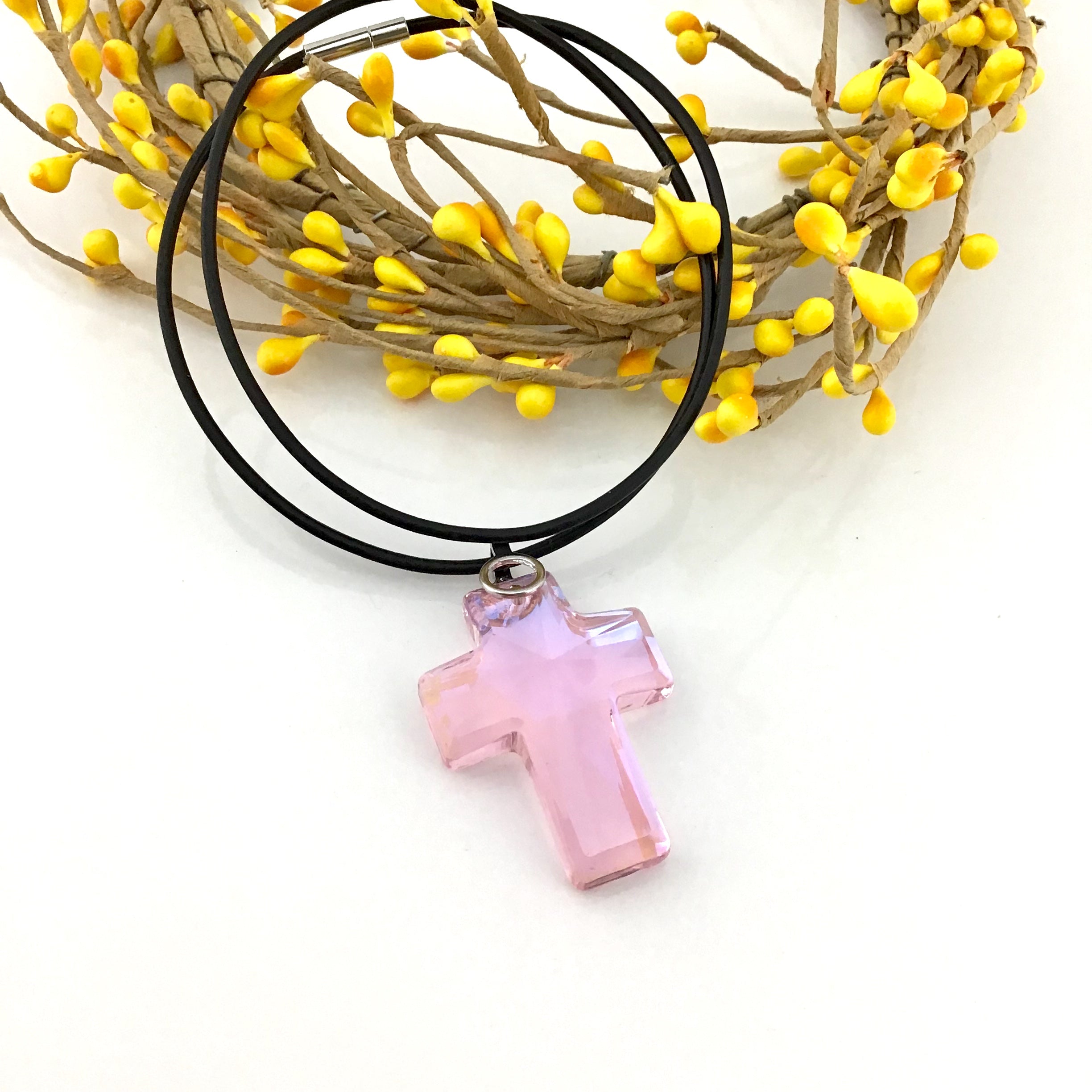 2 Glass Cross Pendant, Rosaline Pink | Bellaire Wholesale