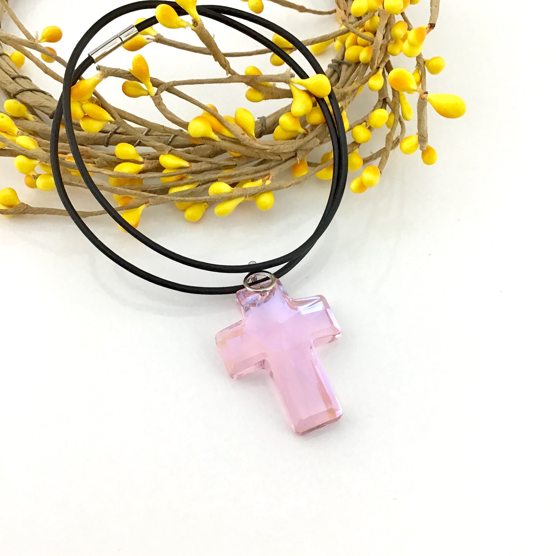 2 Glass Cross Pendant, Rosaline Pink | Bellaire Wholesale