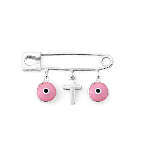 Sterling Silver Pink Evil Eye Safety Pin with Cross | Bellaire Wholesale