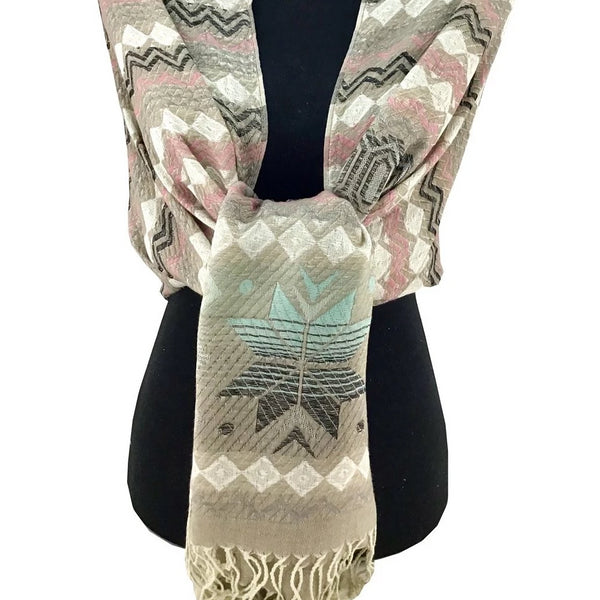 Floral Tribal Print Light Grey Shaded Pashmina | Bellaire Wholesale