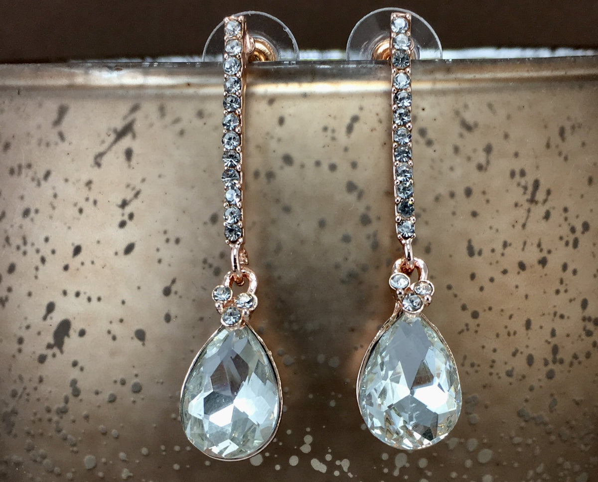 Crystal Straight Line Teardrop Earrings Rose Gold | Bellaire Wholesale