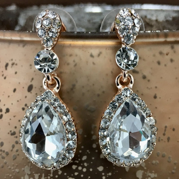 Crystal Round/ Teardrop Earrings, Rose Gold | Bellaire Wholesale