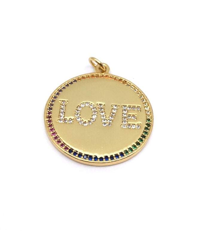 Love Gold Round Pendant, Love Gold Charm 18K Gold