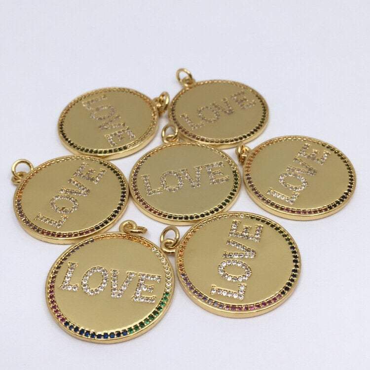 Love Gold Round Pendant, Love Gold Charm 18K Gold