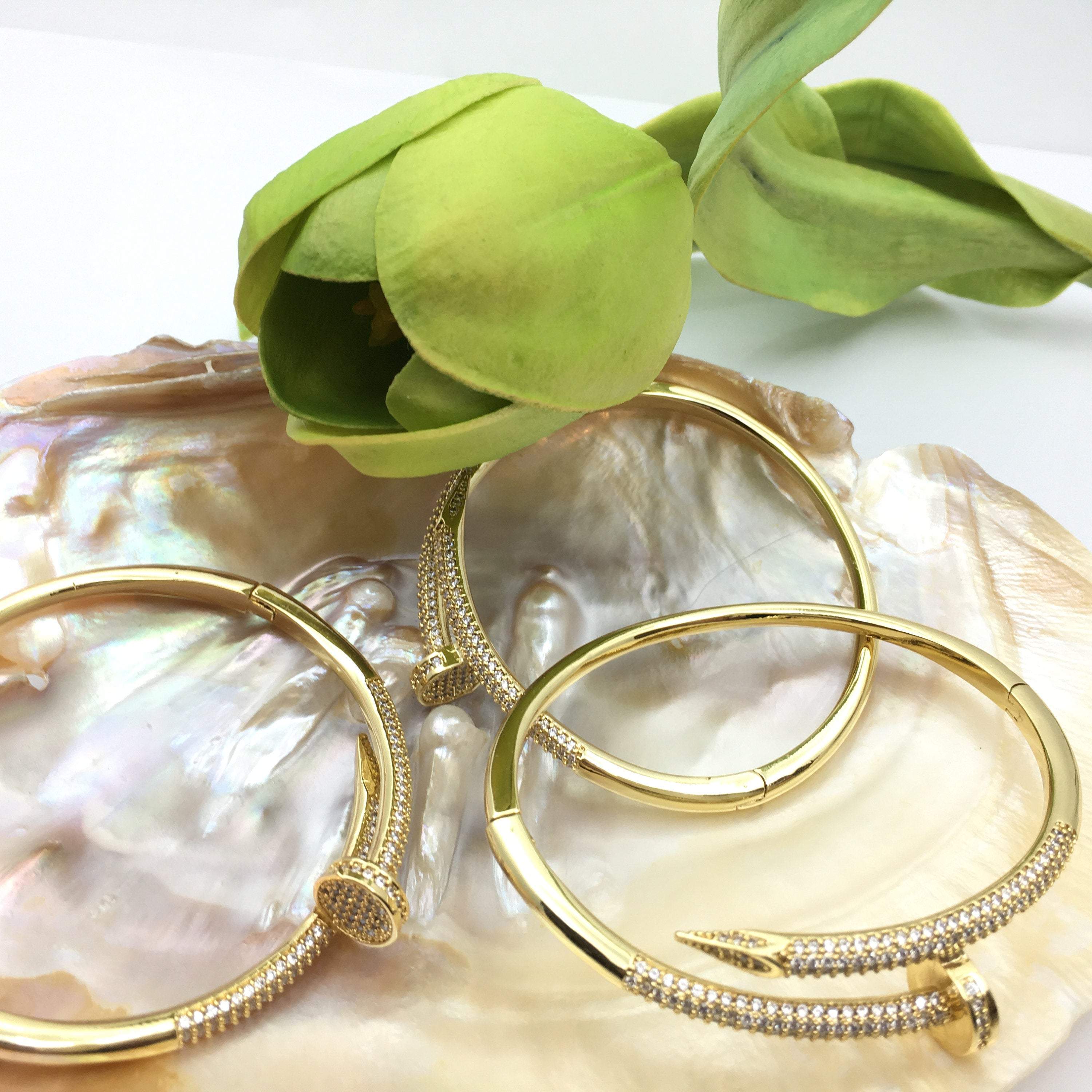 Nail Cuff Brass Bracelet, CZ 18k Gold and Rhodium Plated