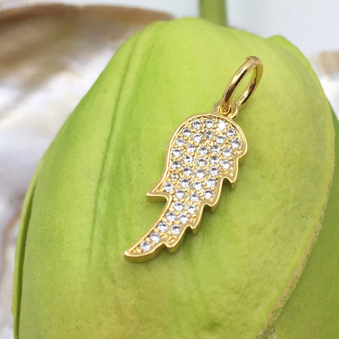 Angel Wings Big CZ Pave Flat Charm, Rhodium & Gold Angel Wing Charm