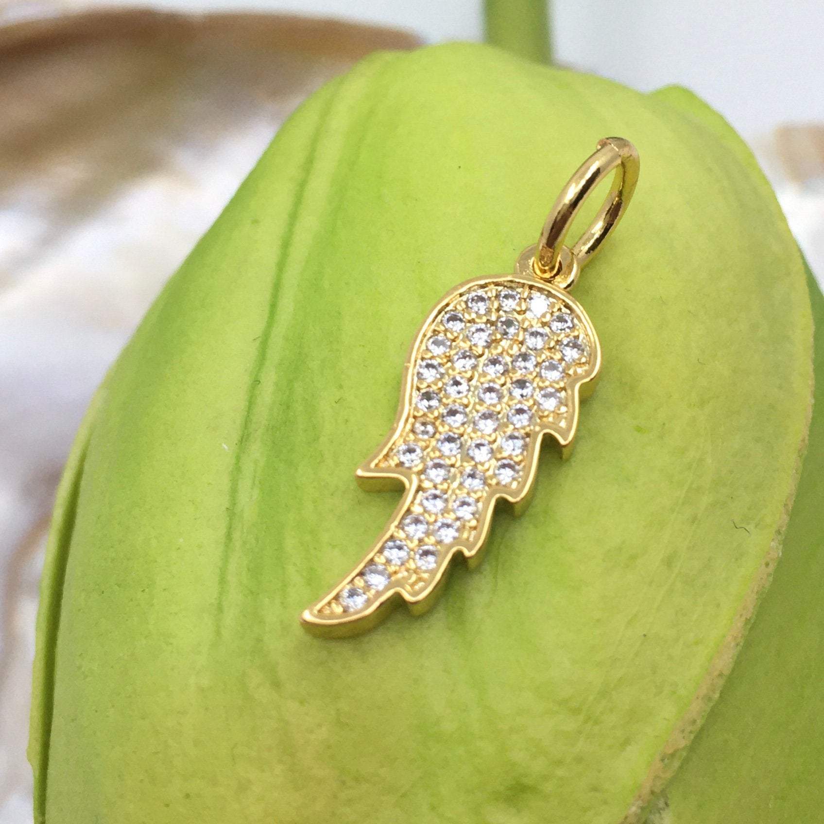 Angel Wings Big CZ Pave Flat Charm, Rhodium & Gold Angel Wing Charm
