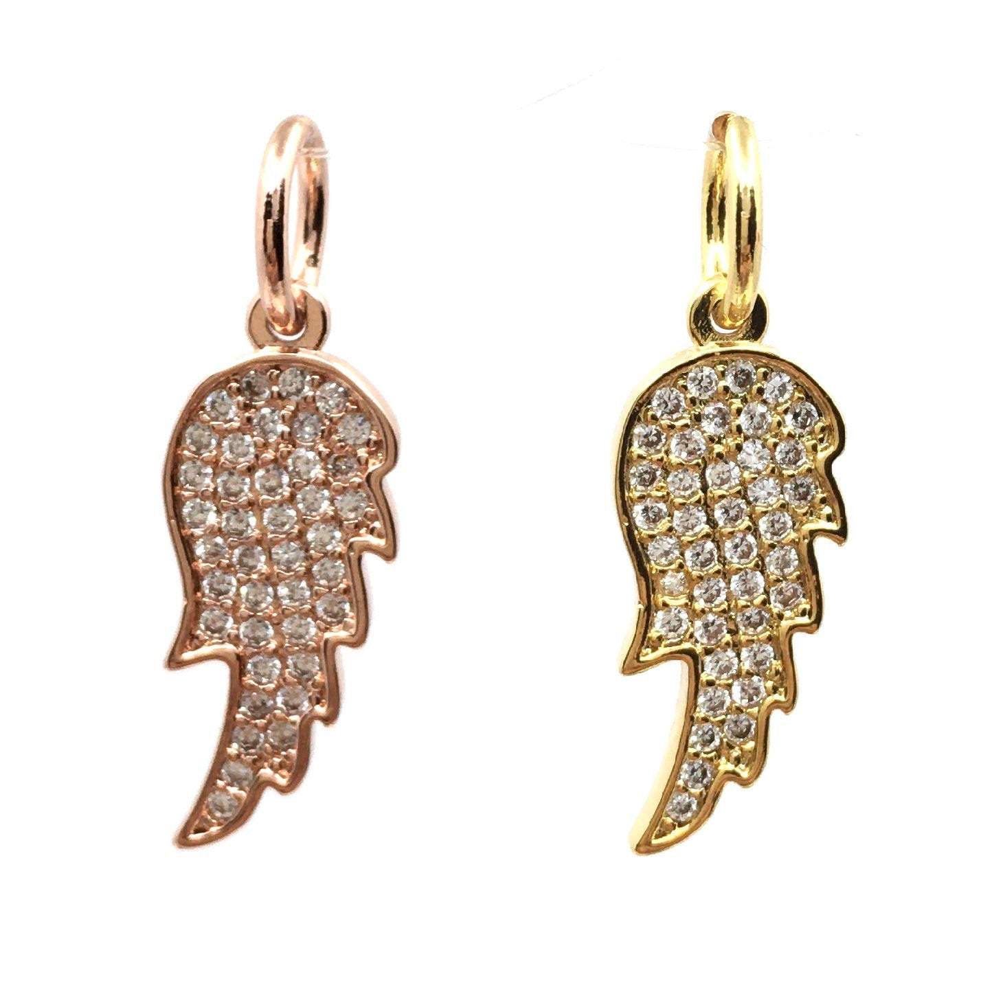 Angel Wings Big CZ Pave Flat Charm, Rhodium & Gold Angel Wing Charm