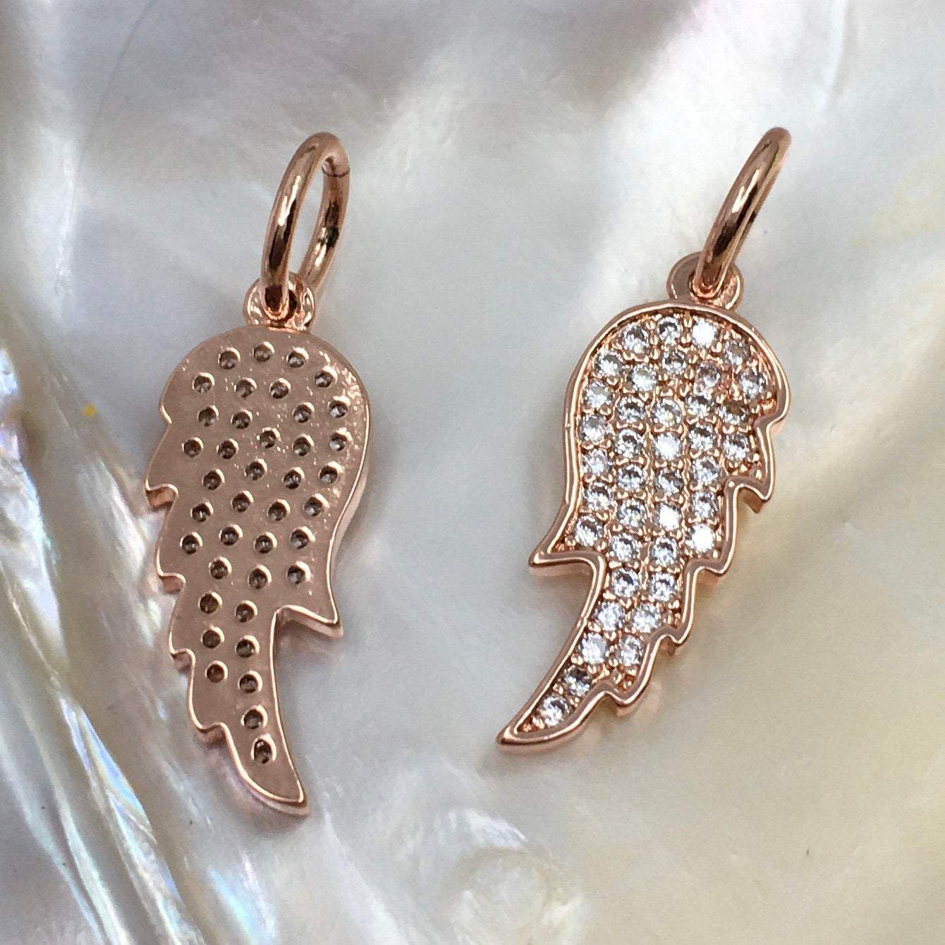 Angel Wings Big CZ Pave Flat Charm, Rhodium & Gold Angel Wing Charm