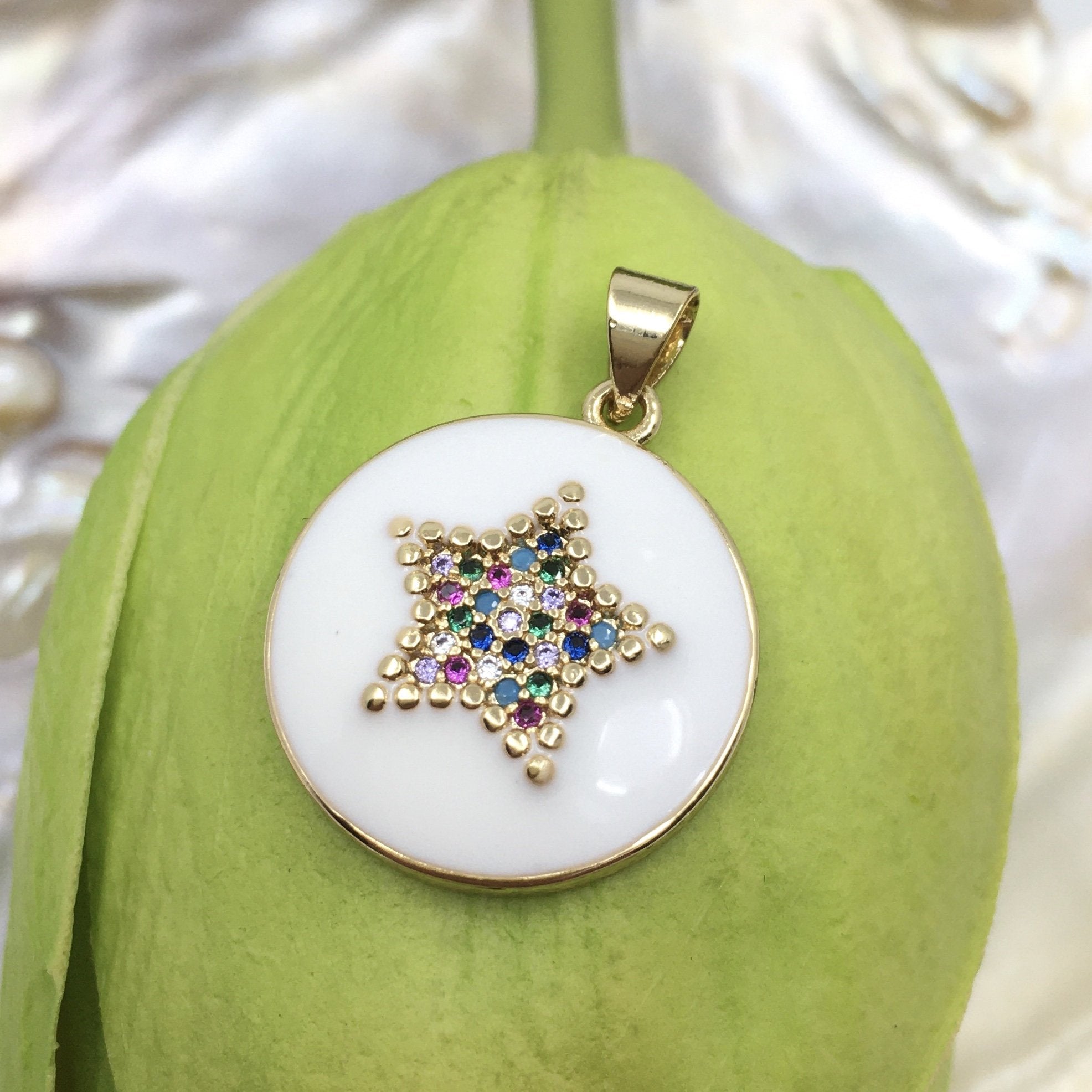 Round Sun / Star Turquoise and White Gold Brass Charm, Star Charm