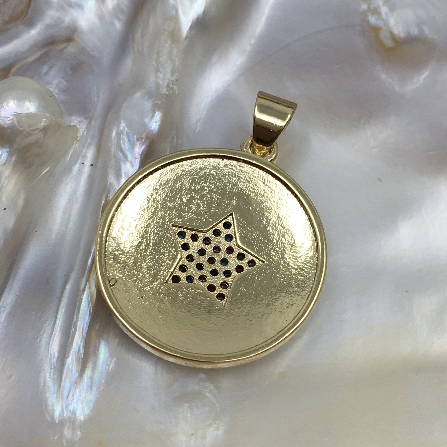 Round Sun / Star Turquoise and White Gold Brass Charm, Star Charm