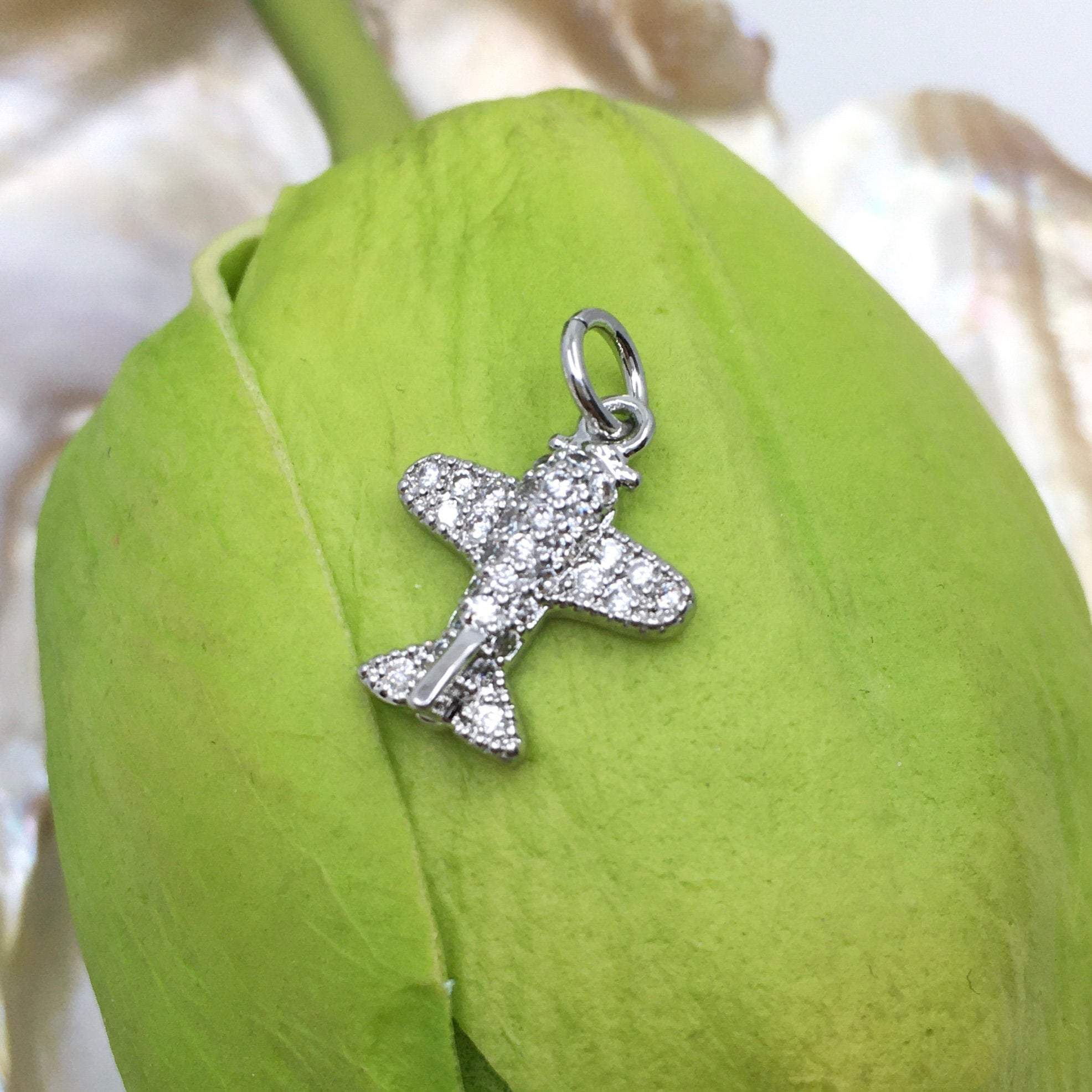 Airplane CZ Pave Flat Charm, Rhodium and 118K Gold plated