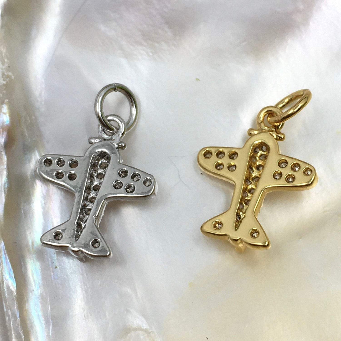 Airplane CZ Pave Flat Charm, Rhodium and 118K Gold plated