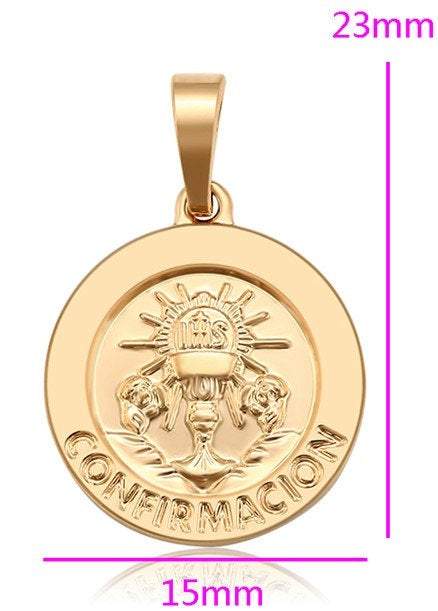 Gold Confirmation Pendant, Confirmacion Charm, 18K Gold Plated