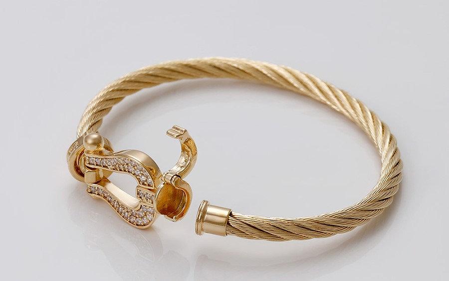 Horse Shoe Clamp Bangle,  CZ 18k Gold, Brass Gold Bangle
