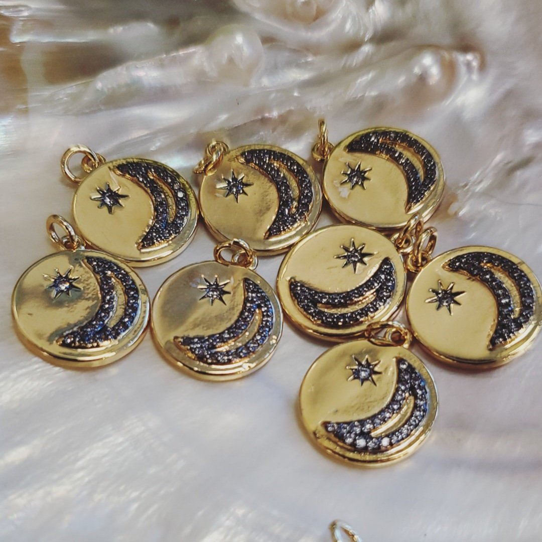 Round Moon and Star Gold Charm, CZ Pave charm
