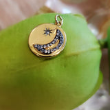 Round Moon and Star Gold Charm, CZ Pave charm