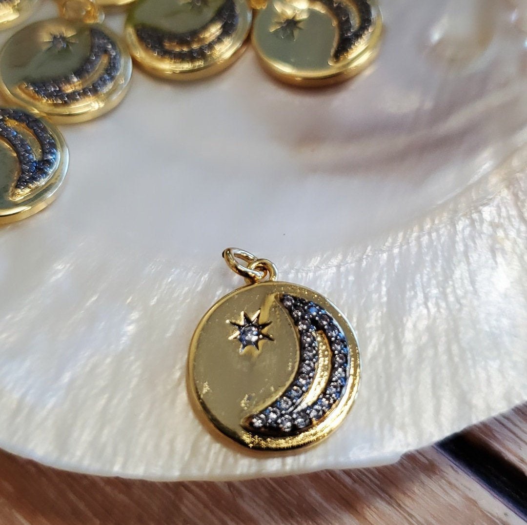 Round Moon and Star Gold Charm, CZ Pave charm