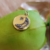 Round Moon and Star Gold Charm, CZ Pave charm