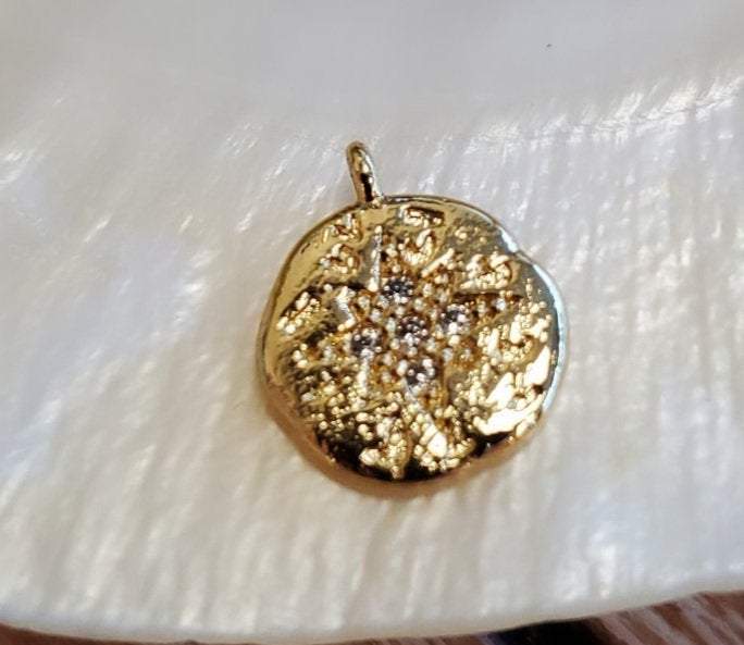 Round Hammered Compass Gold Brass Charm