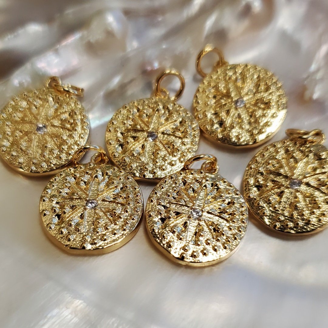 Round Compass Gold Brass Charm, 14mm round Compass 16mm Charm