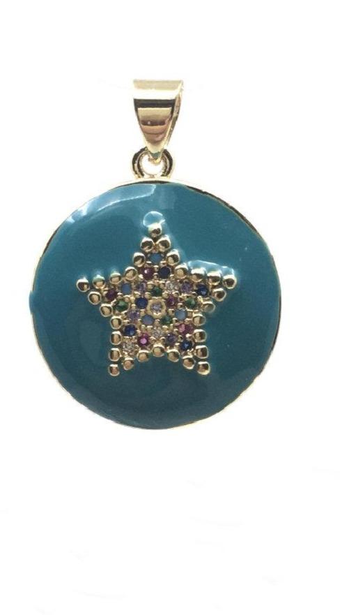 Round Sun / Star Turquoise and White Gold Brass Charm, Star Charm