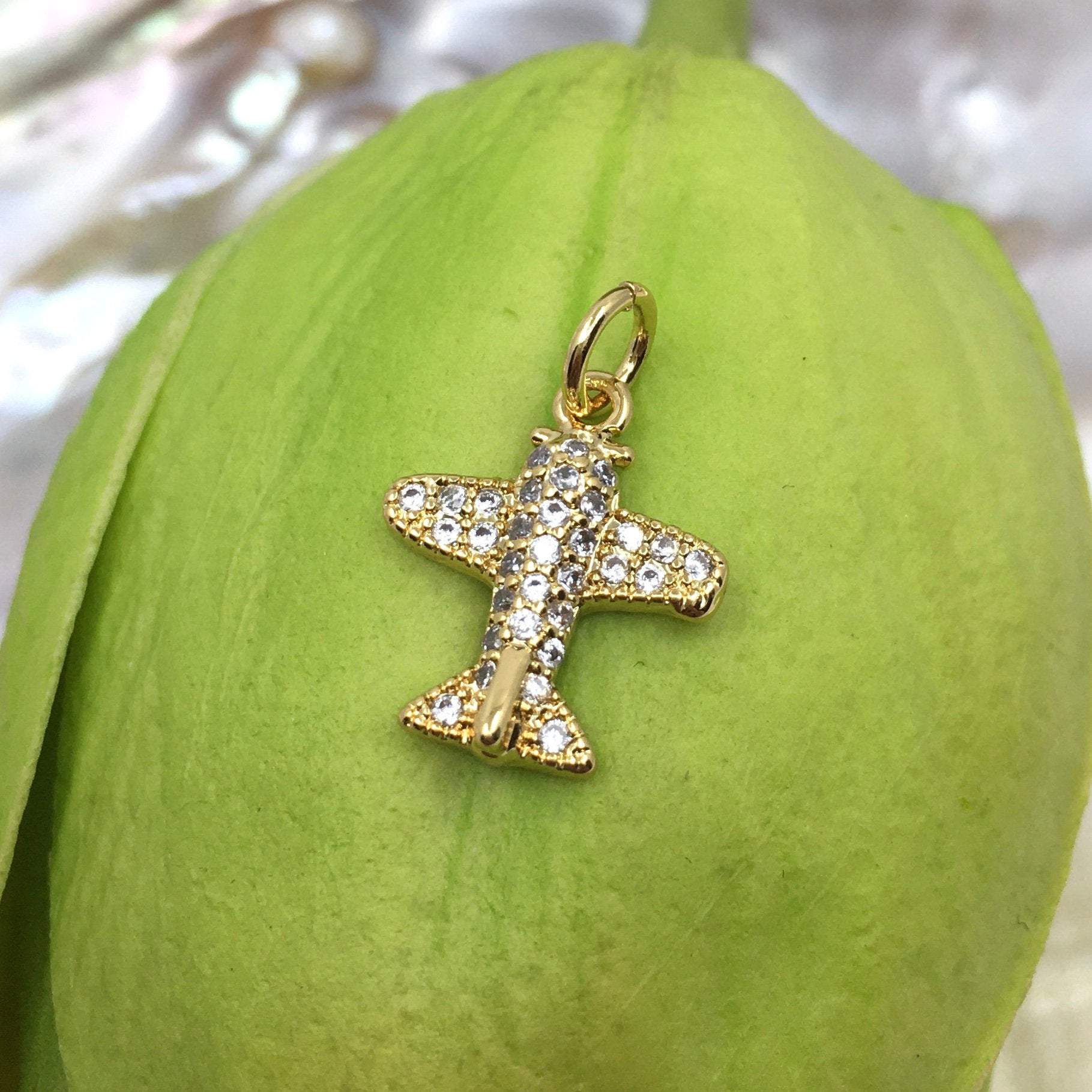 Airplane CZ Pave Flat Charm, Rhodium and 118K Gold plated