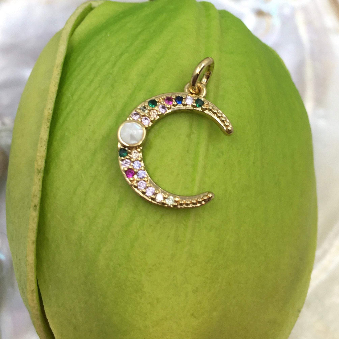 Half Moon Gold Charm, Colorful CZ Pave | Bellaire Wholesale