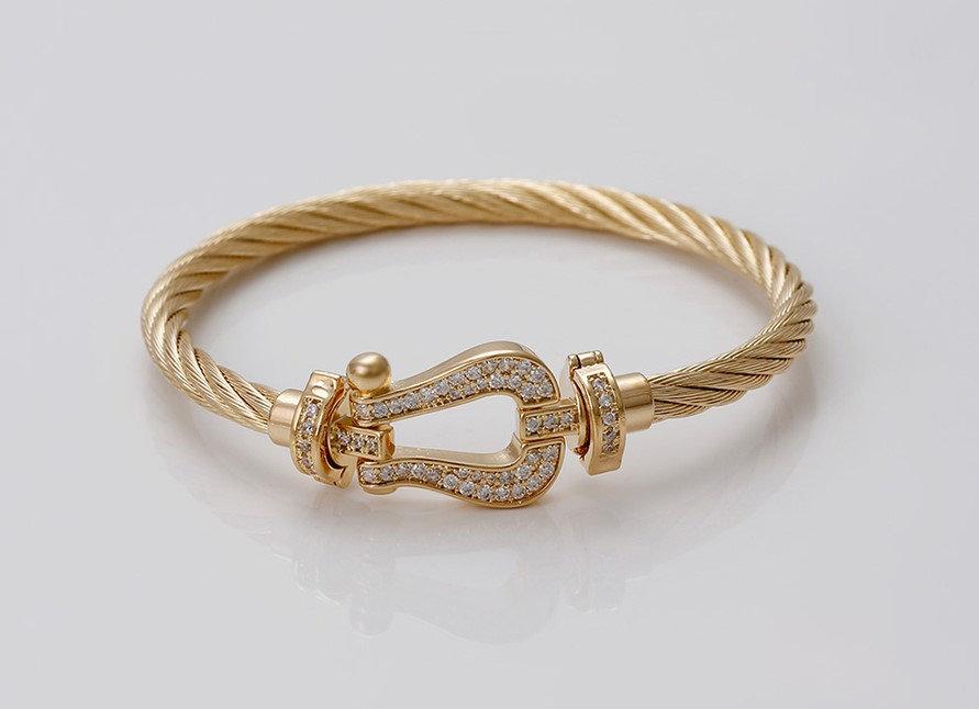 Horse Shoe Clamp Bangle,  CZ 18k Gold, Brass Gold Bangle