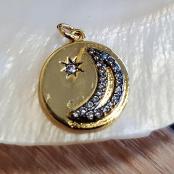 Round Moon and Star Gold Charm, CZ Pave charm