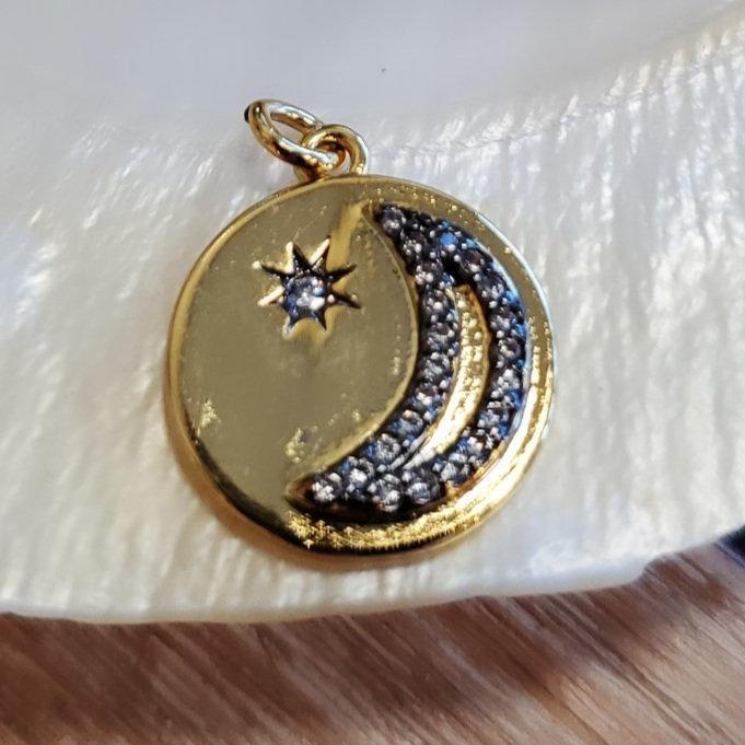 Round Moon and Star Gold Charm, CZ Pave charm