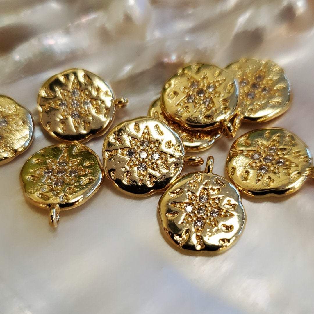 Round Hammered Compass Gold Brass Charm