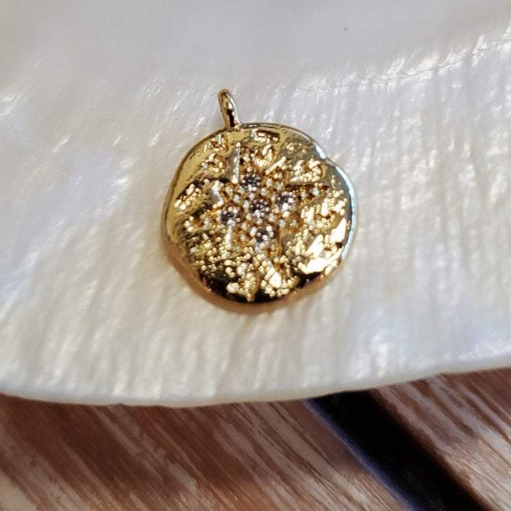 Round Hammered Compass Gold Brass Charm