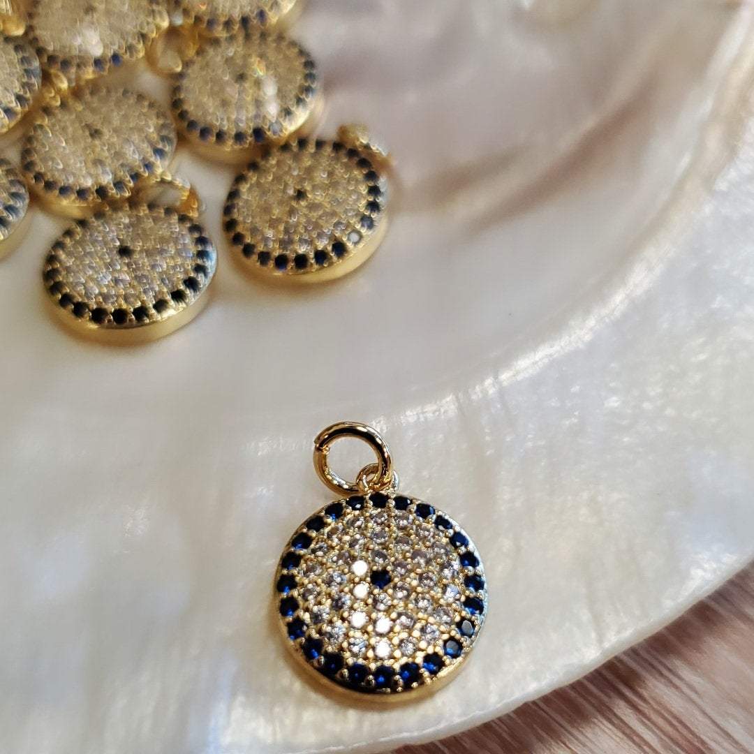 Round Blue Clear CZ Brass Evil Eye Charm | Bellaire Wholesale